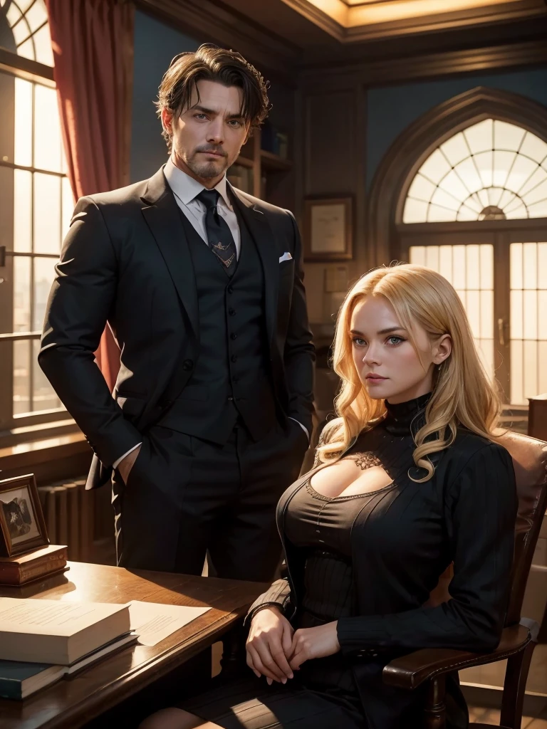 a man, forty yeard old, strong body, wearing black suit, short black haird, standing beside a blonde woman, also forty yeard old, big breasts, blue eyes, inside an office, big window, red curtains, at night, light of the moon, beautiful woman