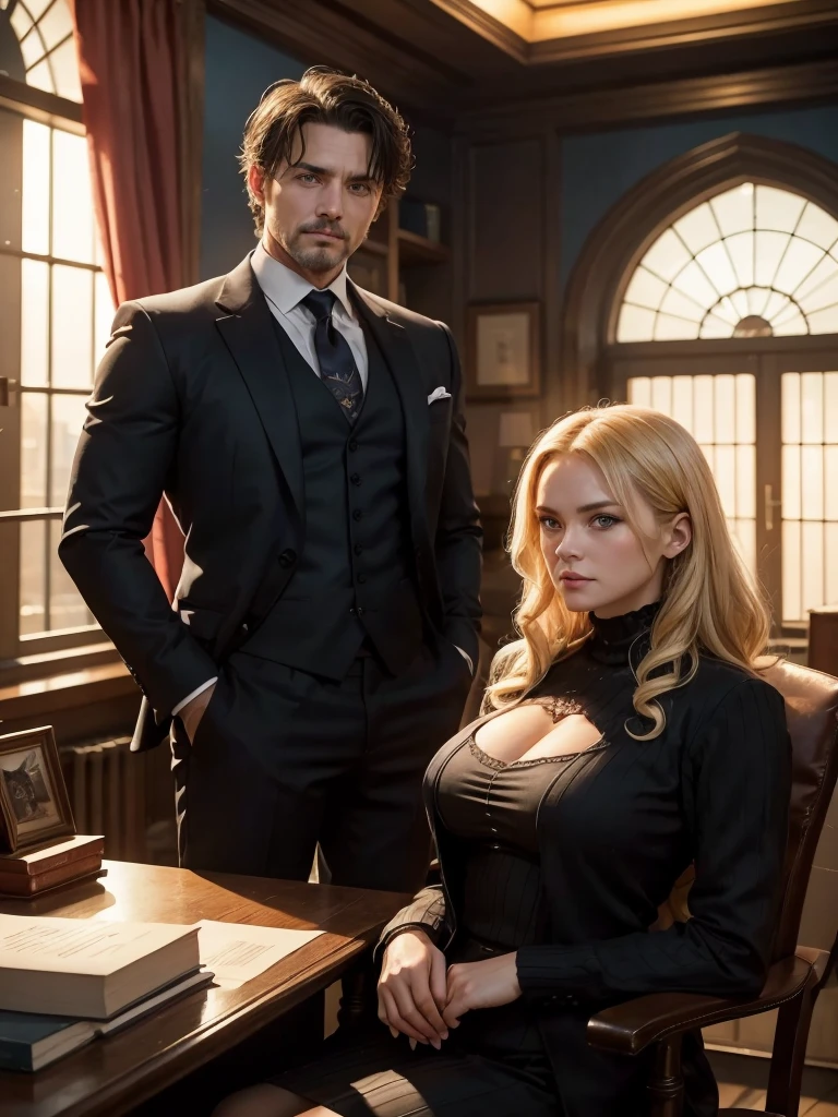 a man, forty yeard old, strong body, wearing black suit, short black haird, standing beside a blonde woman, also forty yeard old, big breasts, blue eyes, inside an office, big window, red curtains, at night, light of the moon, beautiful woman