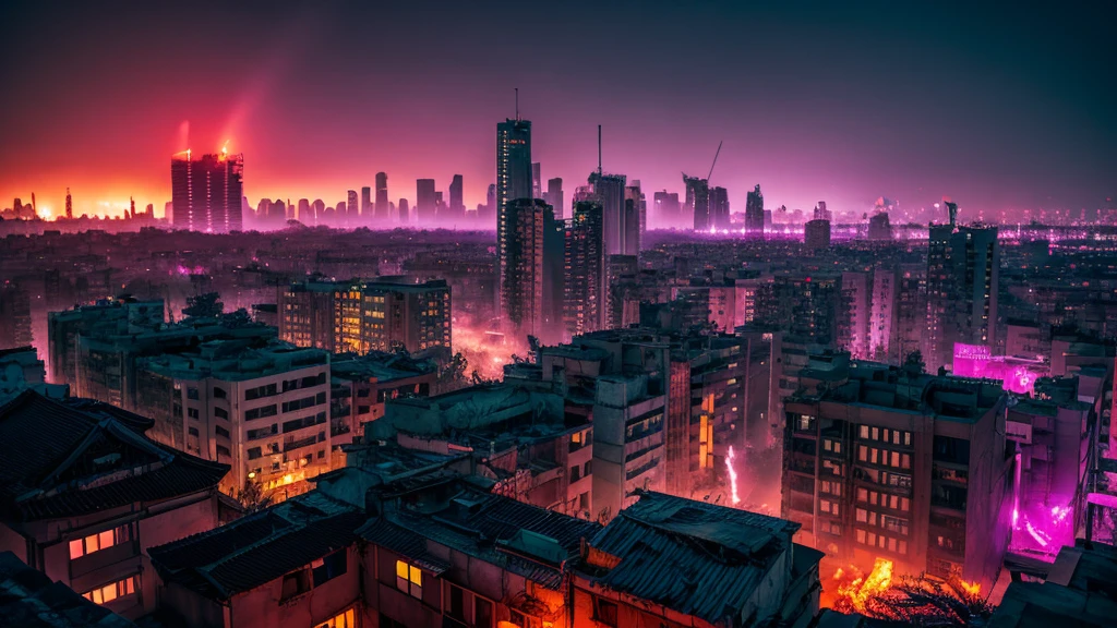 scene of ancient anime city of ruins, on fire, city destroyed, dark, cyber style, post apocalyptic, artistic, city ruins in background, dark purples, magenta, yellows