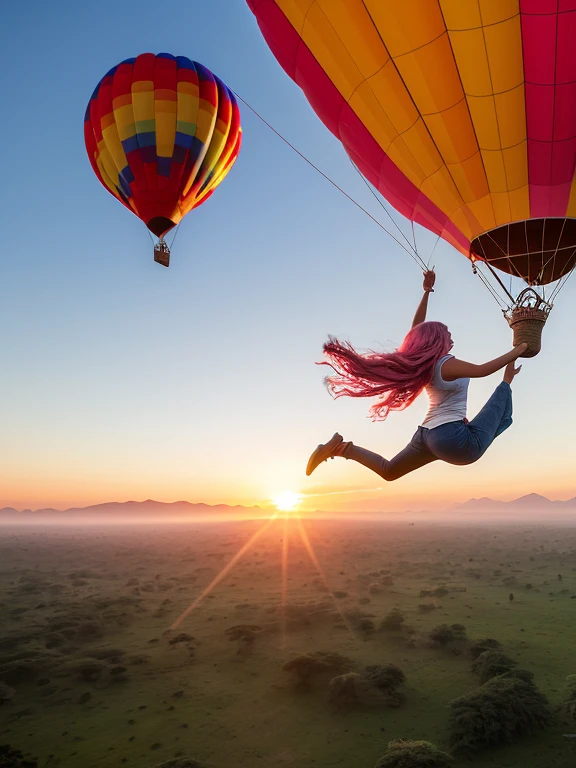 Very attractive 25 year old caucasian female with long wavy bright pink hair, flying in a hot air balloon in Tanzania, at sunrise, photo quality