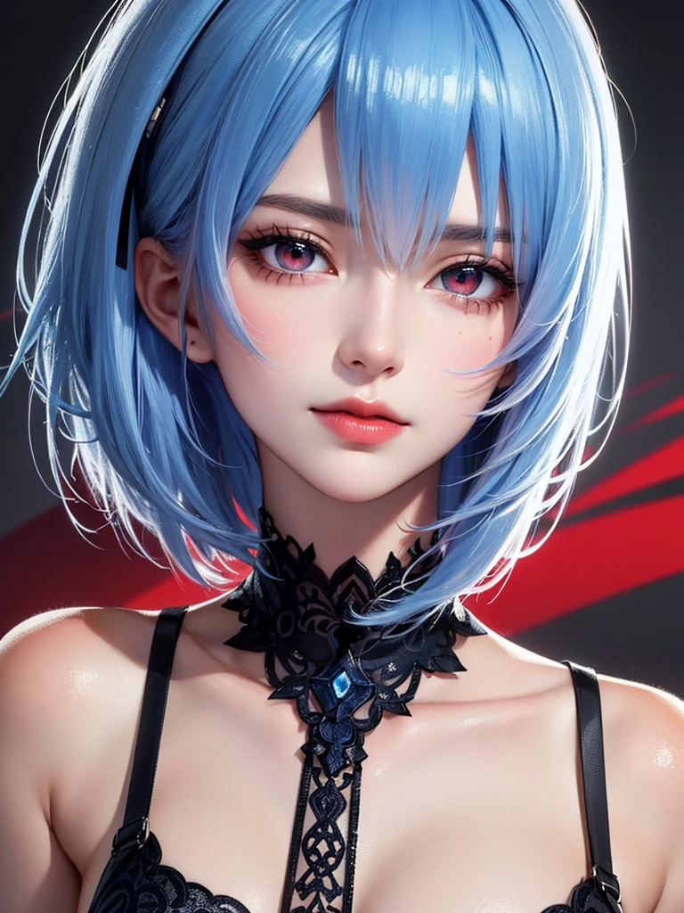 Masterpiece, Best Quality, 8K, Detailed Skin Texture, Detailed Cloth Texture, Beautiful Detail Face, Intricate Detail, Ultra Detailed, Portrait of Rei Ayanami, Blue Hair, Red Eyes, Head Tilt, No Background