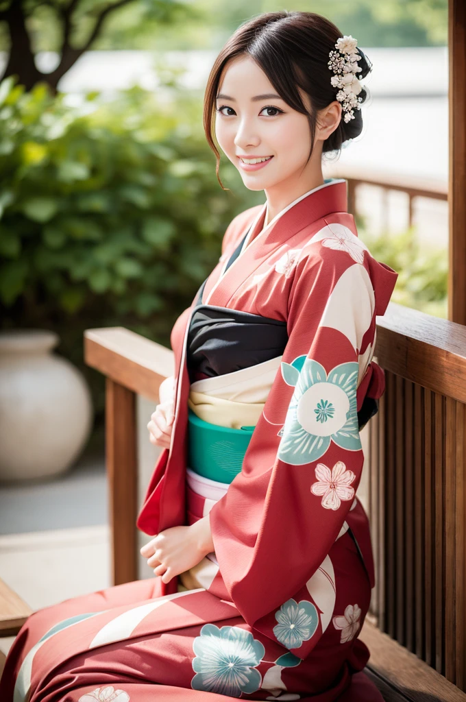 Pure Japanese kimono girl, wearing traditional kimono, natural hair styles, sweet smile, sitting, sexual attractive, refreshing in summer morning, professional portrait photography,