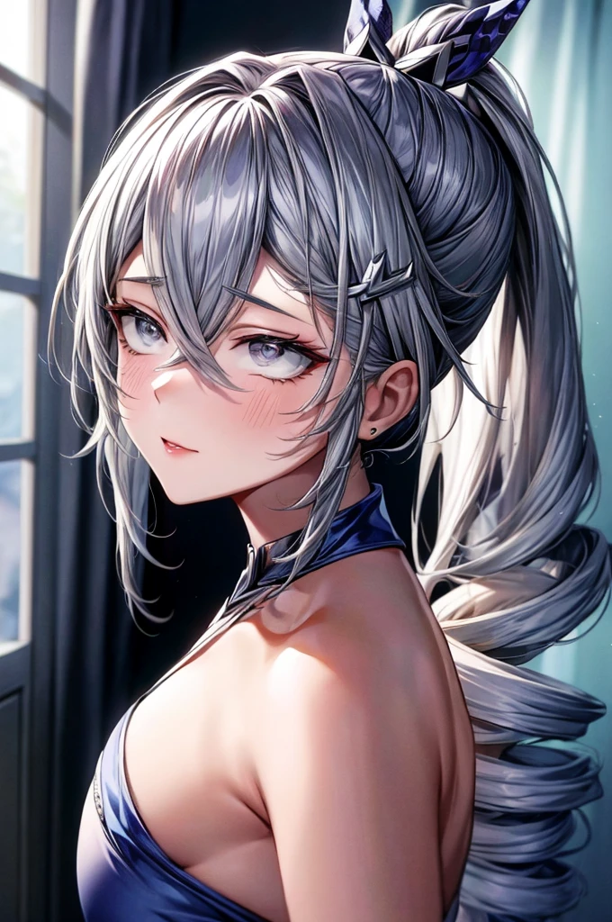 (Masterpiece), Best Quality, Ultra Detailed, Extremely Detailed CG, 8k Wallpaper, Extremely Delicate Beauty, Sexy, Japanese Anime, Dynamic Lighting, Delicate Shadows, Luster, Blue Eyes, High Resolution, Single Ponytail, Long White Hair, Purple Background.