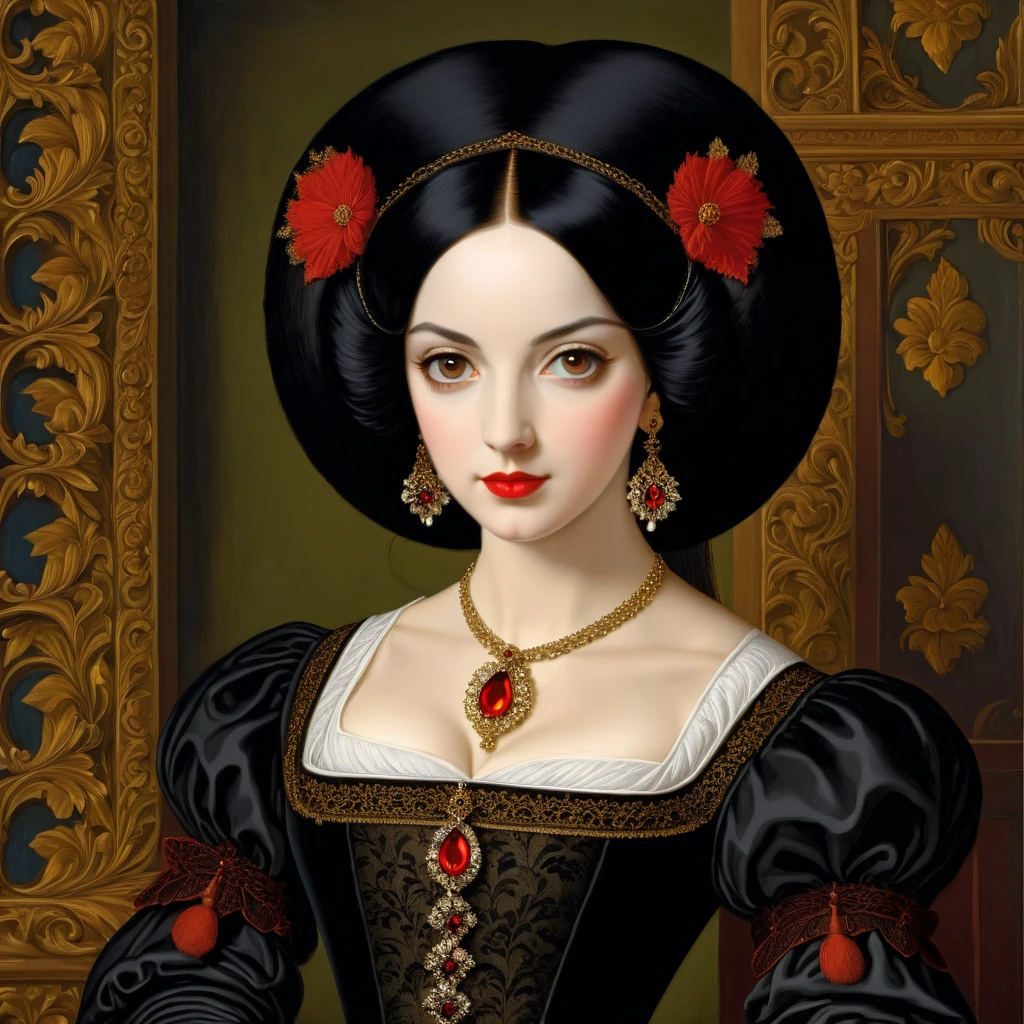  with red eyes and black hair dressed in Tudor era 