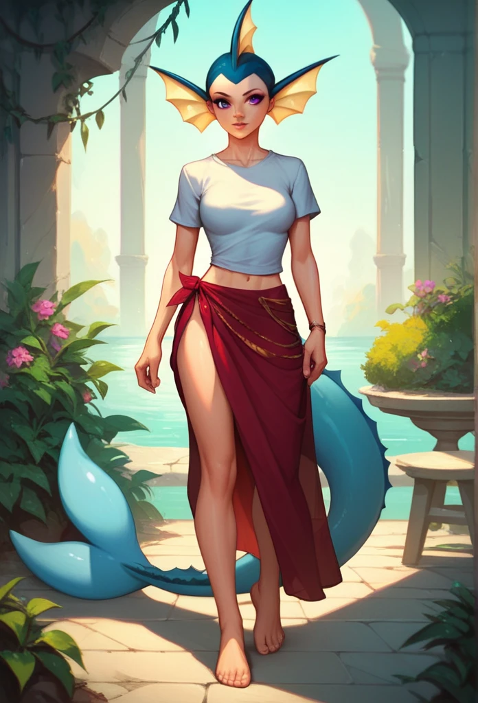 vaporeon, anthro pokemon, 1girl, solo, full body, medium breasts, t-shirt, sarong, long sarong, barefoot, feet, lips, purple eyes, human nose, human