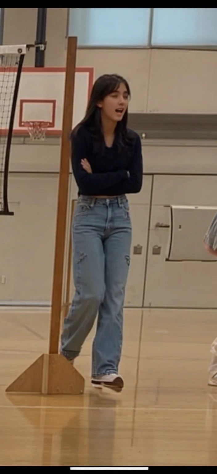 20 year old woman in 90’s baggy blue jeans bending down with her butt in the air