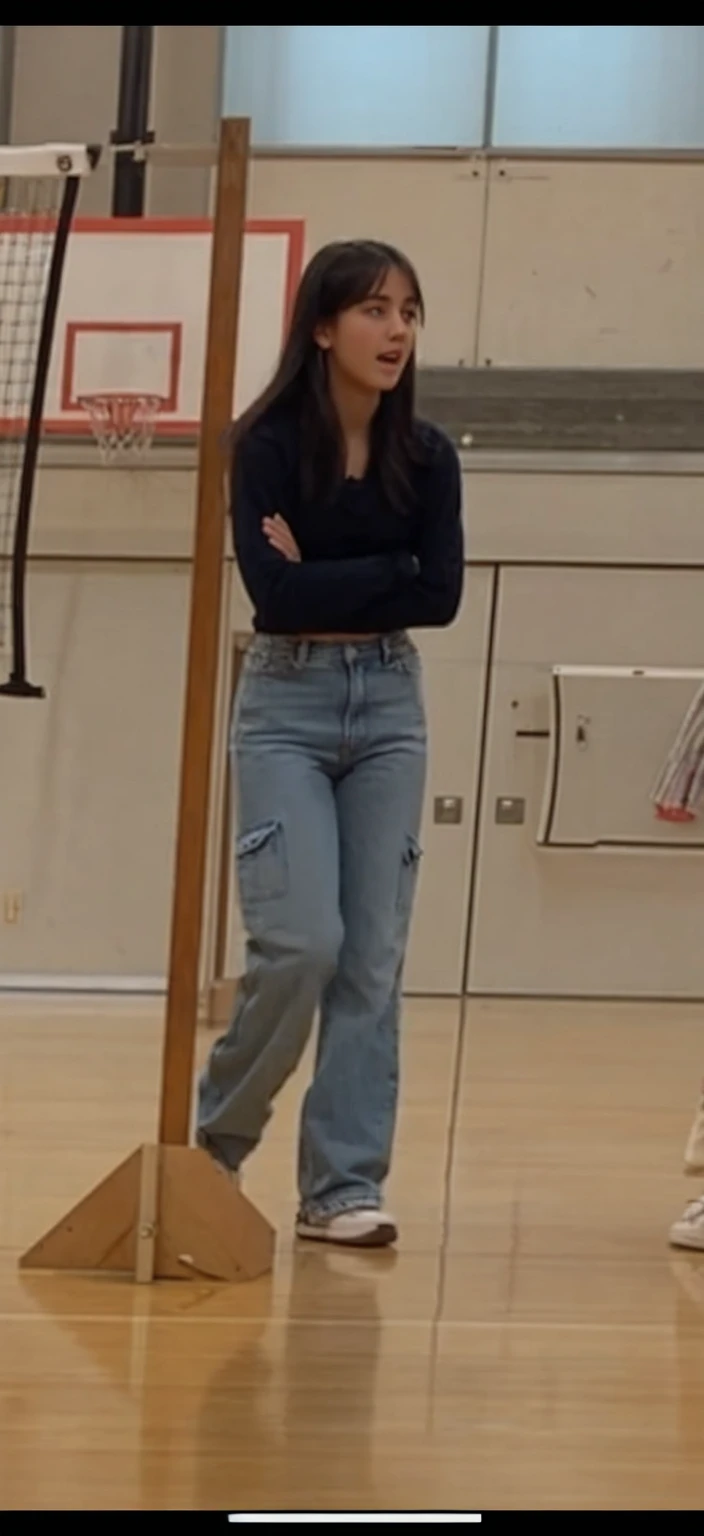 20 year old woman in 90’s baggy blue jeans bending down with her butt in the air