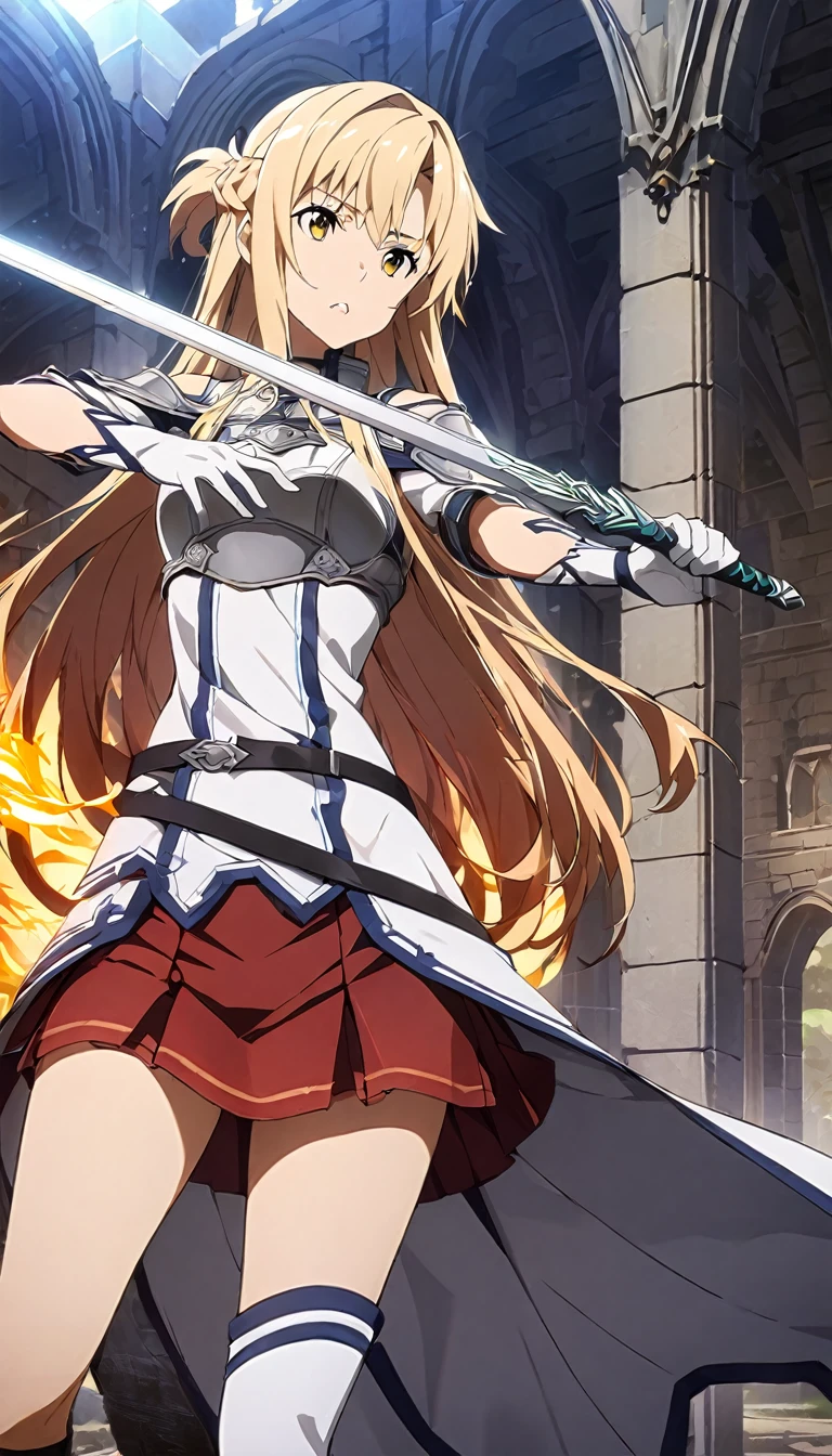 masterpiece, Top quality , , 1 girl, arms, sword, 独自of, length_hair, Chest当て, Keep, Keep_arms, Keep_sword, armor, 棕色of_hair, Weaving, Underwear,Pattern,abdomen,Knee socks, only_Shoulder, 棕色of_Eye, skirt, sword杆织机, of_sleeve, sheath, 白色of_skirt, 白色of_Knee socks, 红色of_skirt, separate_Lips, 前hair, shine, fire, Chest, shine_arms, unsheathed, fantasy, skirt, length_sleeve, Gloves, vitality, shine_sword, magic, cowboy_shooting, 白色of_Gloves, 白色of_sleeve, Very_length_hair, Standing, Keep_sheath, unsheathing