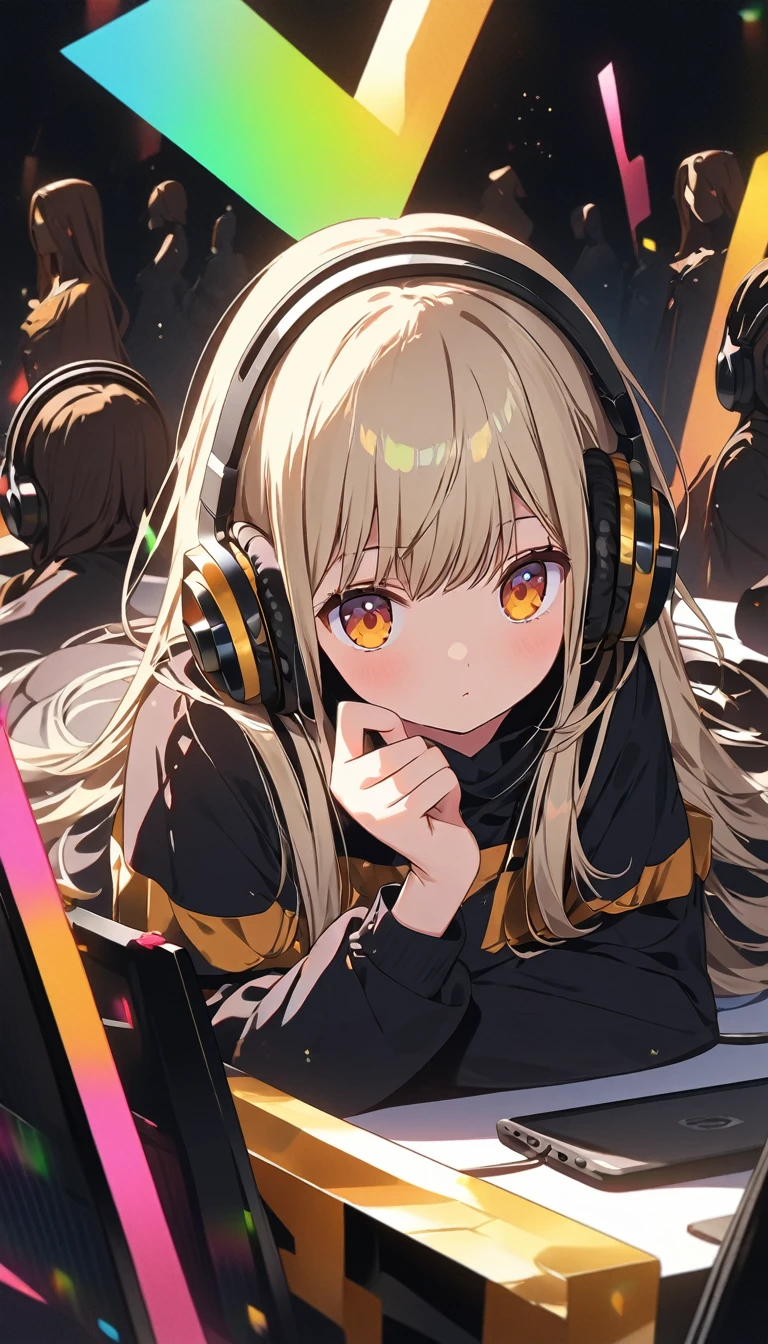High definition RAW color art, Animation,sculptures, golden eyes、Woman using computer with big screen、silber hair、Semi-long hair、Wearing cool headphones,{{{{{{{{ Black Parker Oversize }}}}}}}},beautiful and delicate golden eyes,Thinking,Black clothes, high res, HD