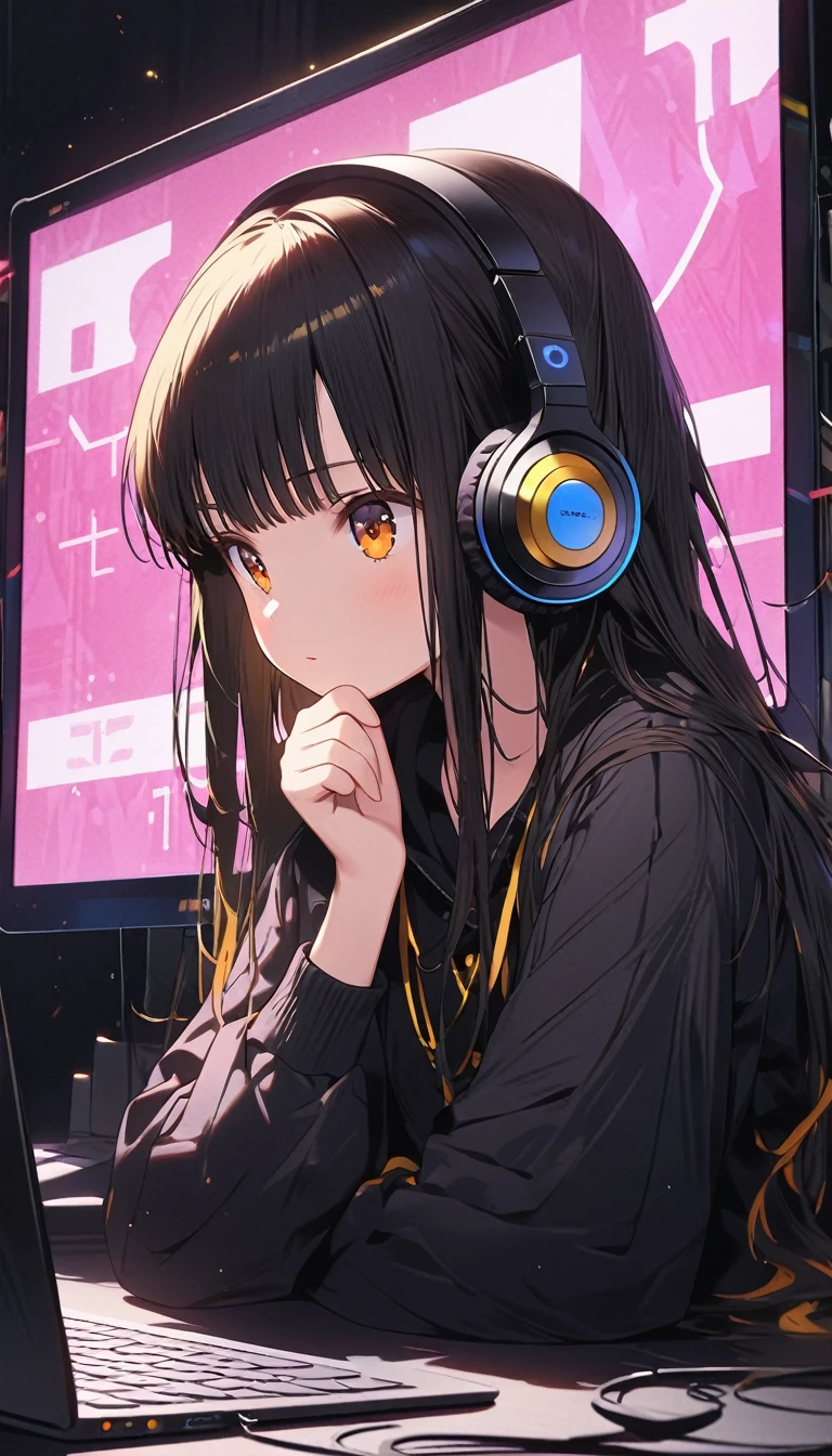 High definition RAW color art, Animation,sculptures, golden eyes、Woman using computer with big screen、silber hair、Semi-long hair、Wearing cool headphones,{{{{{{{{ Black Parker Oversize }}}}}}}},beautiful and delicate golden eyes,Thinking,Black clothes, high res, HD