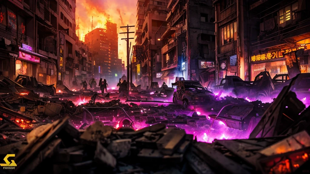 up close scene of ancient anime city of ruins, on fire, city destroyed, dark, cyber style, post apocalyptic, artistic, city ruins in background, dark purples, magenta, yellows, fire