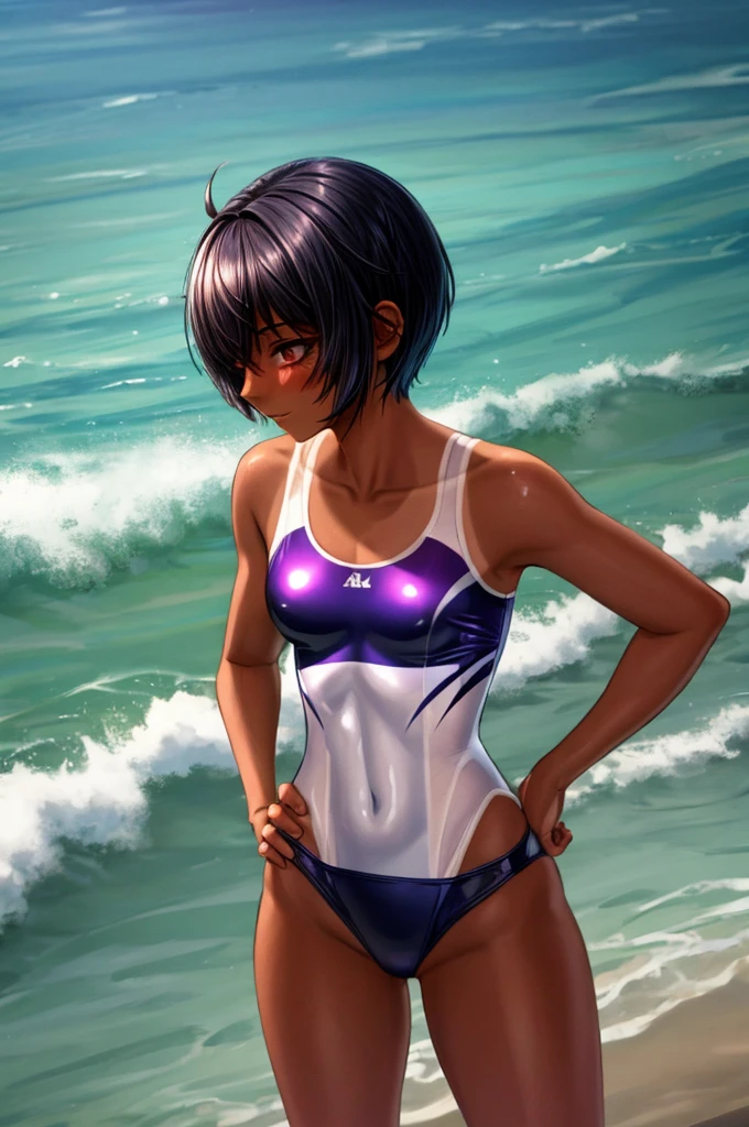 8k, high quality, ultra quality, ultra detailed, Absurd, BREAK 1人の女の子, 18_ years_ old, tomboy, BREAK (muscle:0.5), (Black Hair, Pixie Cut Tan, Sunburn lines, Dark skinned women, Dark Skin:1.3), (gigantic 胸), shiny hair, shiny skin, oily, BREAK ((competition swimsuit)), (pleased:1.2), (1girl standing, cowboy shot:1.3), (contrasted, One hand on hip:1.5), outside, beach, evening, (ass pov), (from above, high angle, looking ahead:1.5), 