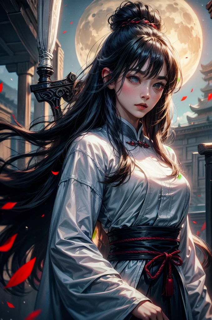 Masterpiece, Best, Night, Full Moon, 1 Female, Mature Woman, Chinese Style, Ancient China, Elder Sister, Royal Sister, Cold Face, Expressionless, Silver White Long Haired Woman, Light Pink Lips, Calm, Intellectual, Three Bangs, Gray Hitomi, Assassin, Long Sword, Swordsman, Fighting, Street View, Facial Details,