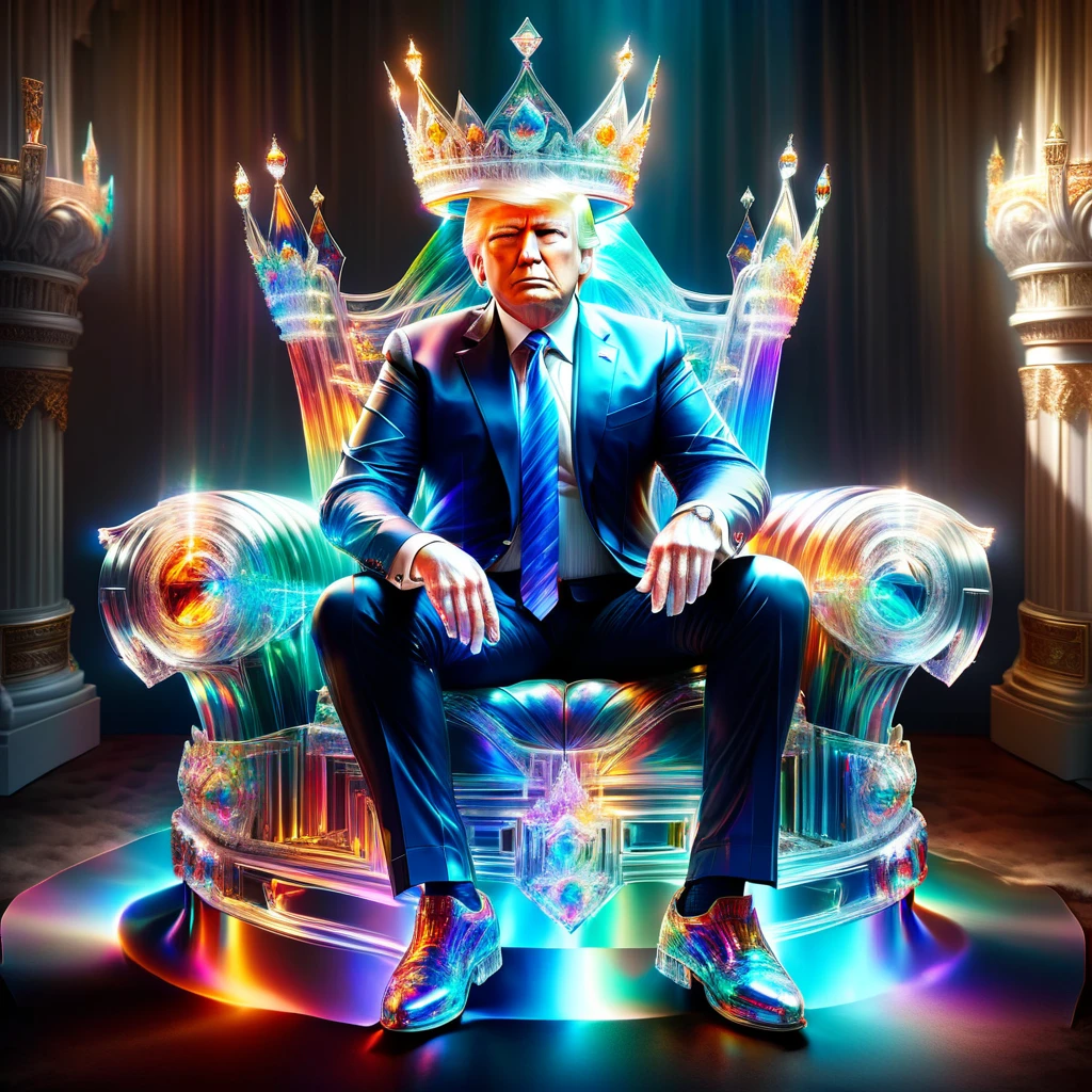 hyper detailed masterpiece, dynamic realistic digital art, incredible quality,transparentes,Donald Trump, sitting on the throne wearing a crown DonMSp3ctr4lXL