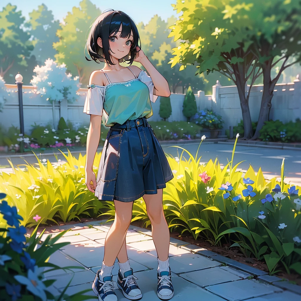 (high quality, High resolution, Very detailed, reality:1.37), Peaceful atmosphere, (Outdoor, garden), age girl standing alone, (my breasts are big.), Beautiful details, Cute Smile, (Black bob hair), camisole, Denim skirt, Blue socks, sneakers.