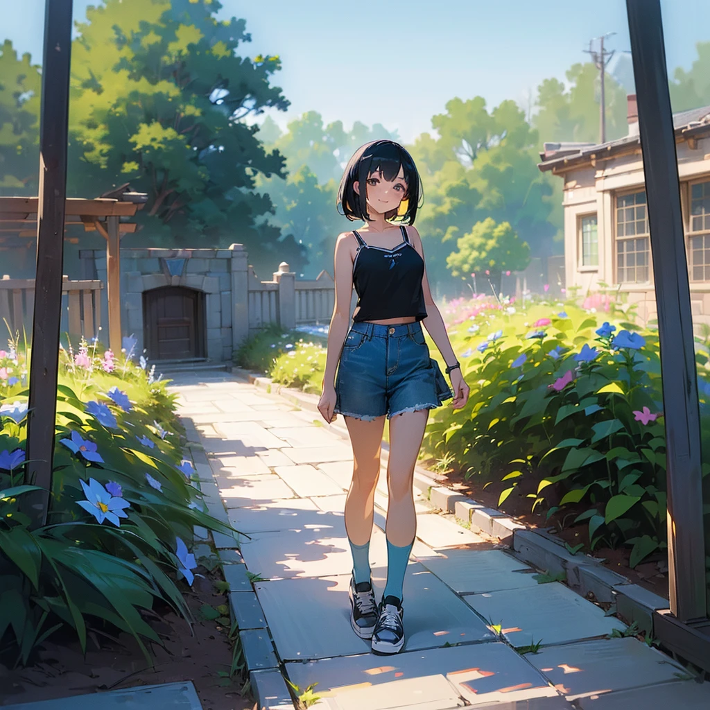 (high quality, High resolution, Very detailed, reality:1.37), Peaceful atmosphere, (Outdoor, garden), Teenage girl standing alone, (my breasts are big.), Beautiful details, Cute Smile, (Black bob hair), camisole, Denim skirt, Blue socks, sneakers.
