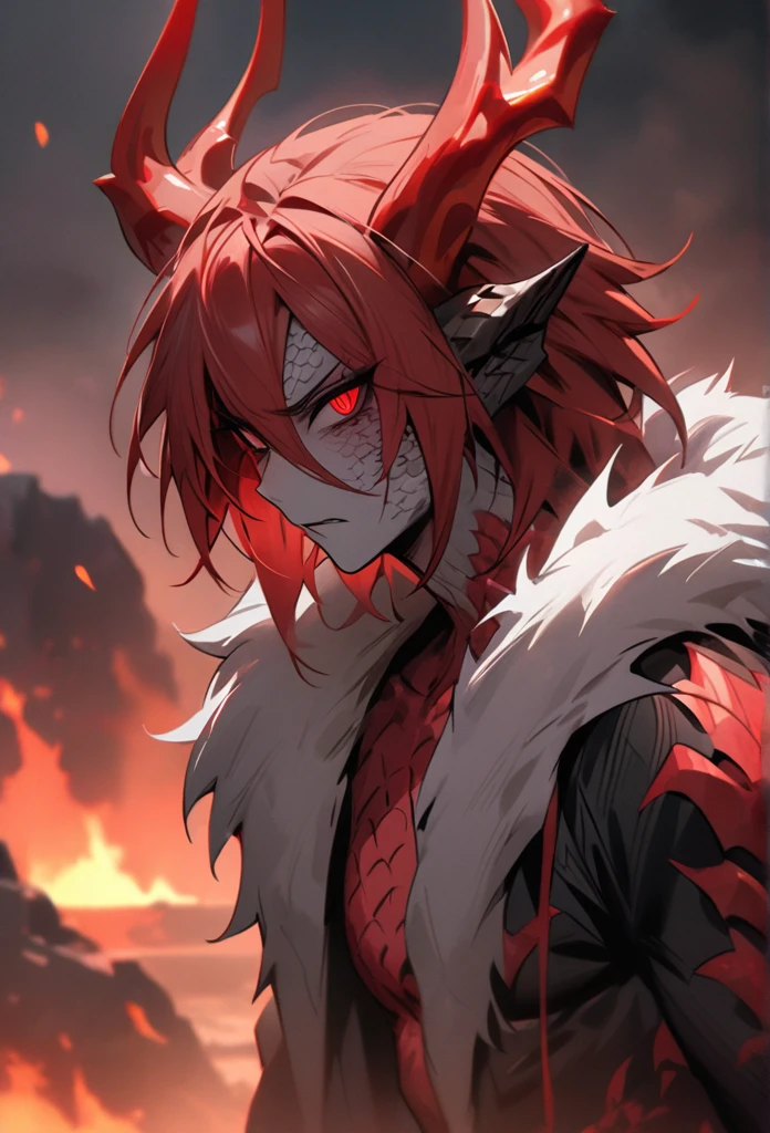 (High resolution, best quality, masterpiece), detailed, ultra detail, 1male, physically fit, muscular body, fierce expression, red eyes, (detailed eyes), redhair, short length hair, full body, ((dragon horns)), ((face: dragon scales)), face covered in scales, human skin, ((topwear: fur lined coat, bottomwear: tight jeans)), volcanic background, part draconic, somber expression, inhuman, reptilian skin, close up