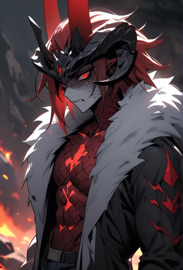 (High resolution, best quality, masterpiece), detailed, ultra detail, 1male, physically fit, muscular body, fierce expression, red eyes, (detailed eyes), redhair, short length hair, full body, ((dragon horns)), ((face: dragon scales)), face covered in scales, human skin, ((topwear: fur lined coat, bottomwear: tight jeans)), volcanic background, part draconic, somber expression, inhuman, reptilian skin, close up