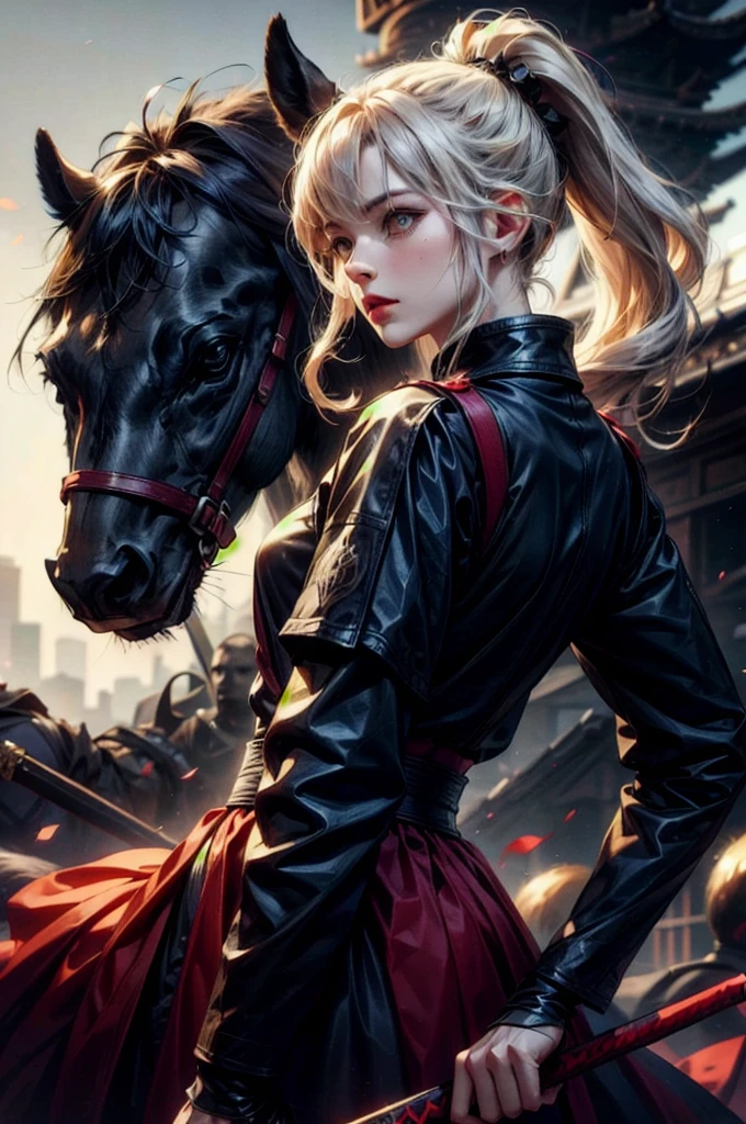 (absurdres, highres, ultra detailed), clean detailed anime art, 1woman, blond hair, long hair, pony tail, yellow eyes, white skin, samurai, blood on clothes, katana, sheath, katana on sheath, after battle, day, battlefield, no horse