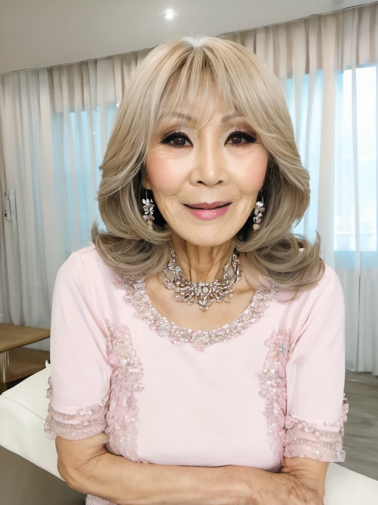 (a beautiful old woman with big breasts, smiling sweetly),elegant dress,beautiful detailed eyes,beautiful detailed lips,extremely detailed eyes and face,longeyelashes,gray hair,wrinkles showing wisdom,rosy cheeks,and wearing a pearl necklace,(best quality,4k,8k,highres,masterpiece:1.2),ultra-detailed,realistic:1.37,soft lighting,warm color tones,portrait