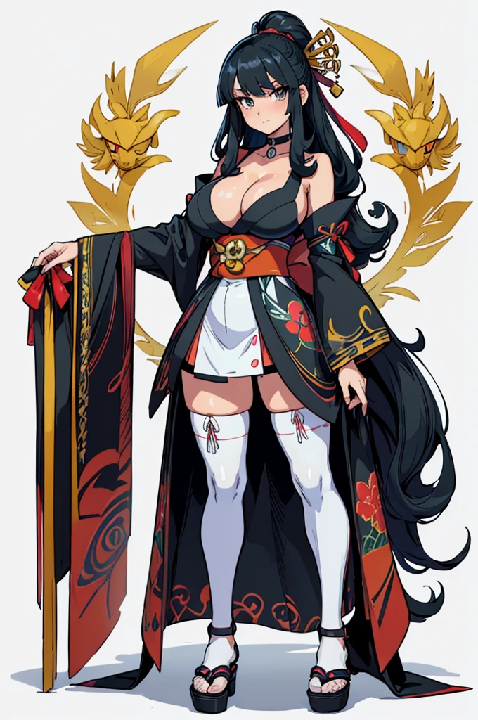 (masterpiece, best quality, high resolution, (pokemon style) ((big breasts)) 1 girl. very long black hair, straight bangs, sexy long sleeve kimono with zakuras print, neckline, white stockings, choker, Japanese sandals,((white background,)), ((full body standing)),
