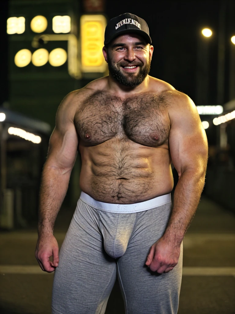 realistic photo of muscular bearded (man), ((massive hairy pecs)), big pecs, big arms, bulge, VPL, intricate, homoerotic, sharp focus, photo by greg rutkowski, soft lighting, vibrant colors, (masterpiece), ((streets)), (detailed face), looking at viewer, light smile, night, standing, cinematic lighting, beautiful lighting, cinematic lighting, (hazy filter, film grain:1.2), ((very detailed boxers)), ((large bulge)), ((very detailed bulge)), ((pudgy)), ((baseball cap))