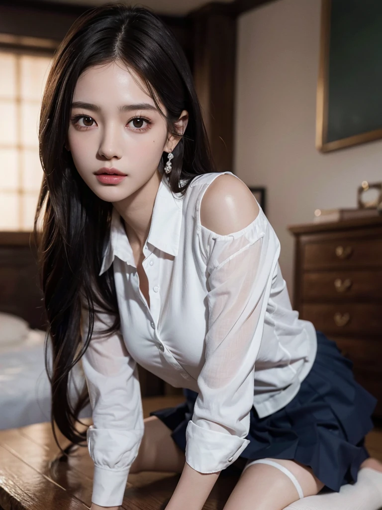 absurdres, RAW photo, extremely delicate and beautiful, masterpiece, Best Quality, ultra high resolution, 32k, hyperrealistic, ultra-detailed, perfect anatomy, super Detailed skin, perfect figure, Super Beauty, Perfect Style, Perfect balance, Beautiful Lighting, Perfect Lightning, Realistic Shadows, 20 years old, very Slim body, narrow waist, very small head, very small face, delicate facial features, handsome detailed woman, very detailed eyes and face, realistic face proportions, Realistic beautiful face, Realistic beautiful eyes, tearful mole, earring, very huge round breasts, medium hair, asymmetrical hair, (full body shot:1.2), indoor, short skirt, (school_uniform:1.2),
