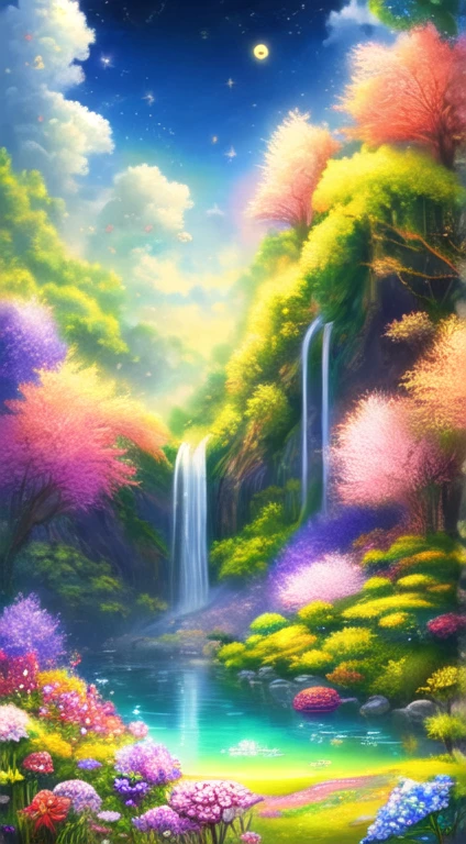 Lacquer painting, Makie, flower園,flower畑,Money, Surreal illustration , Otherworldly, ,Highly detailed and magical lighting, Intricate forest details, Surrounding vegetation and river, Solarpunk ,landscape, , Beautiful foliage with beautiful lighting and realistic proportions, Like a movie background, 8k, Highest quality, masterpiece, 空のcloudと星.baptism,Baptism,Garden of Eden,Colorful,夢のようなlandscape, cloud, light piercing through the cloud, Reflection on the surface of the water, Gentle waterfall,flower々, flower ,Quiet atmosphere, Richness in details, Surreal beauty, Magical Aura, ファンタジーlandscape, High quality digital art, Vibrant colors, Fantastic lighting, Enchanting atmosphere, Artistic Expression, Otherworldly feeling, Beautiful brushwork, Magnificent View, Peaceful tranquility, Immersive Experience, Breathtaking views, Picturesque views, Mysterious charm, Mysterious atmosphere, Nuances, A magical dream. There are no people, Nobody is here