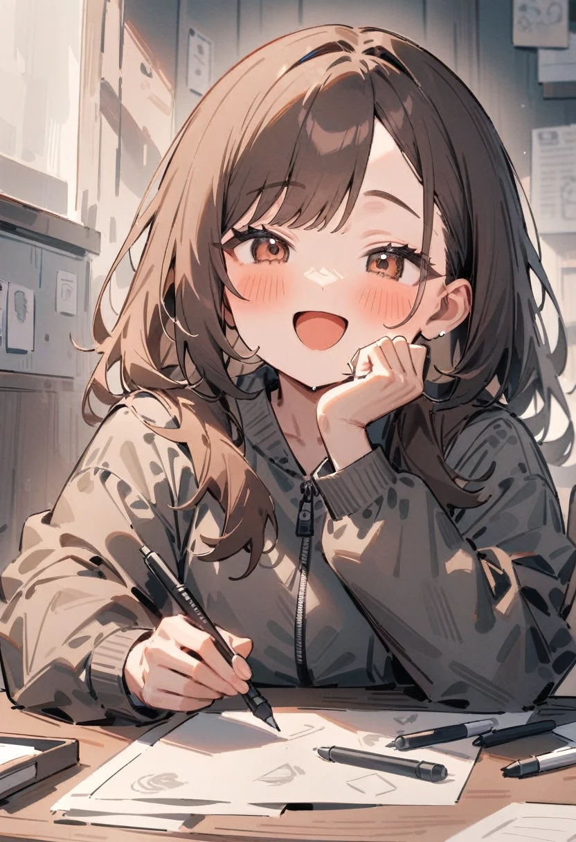 masterpiece, best quality, very aesthetic, absurdres, newest, asymmetrical bangs, tareme, 1girl, solo, long hair, smile, open mouth, bangs, brown hair, long sleeves, holding, jacket, upper body, :d, chibi, blush stickers, paper, grey jacket, pen, pencil, drawing, holding pen, holding pencil