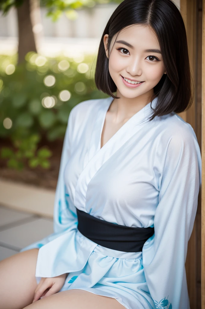 Pure Japanese yukata girl, wearing traditional yukata, natural black hair styles, natural makeup, thick eyebrows, sweet smile, sitting, sexual attractive, refreshing in summer morning, professional portrait photography,