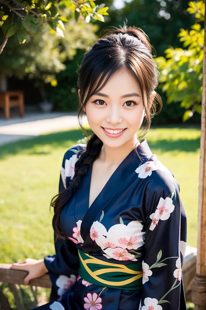 Pure Japanese yukata girl, wearing traditional yukata, natural black hair styles, natural makeup, thick eyebrows, sweet smile, sitting, sexual attractive, refreshing in summer morning, professional portrait photography, 