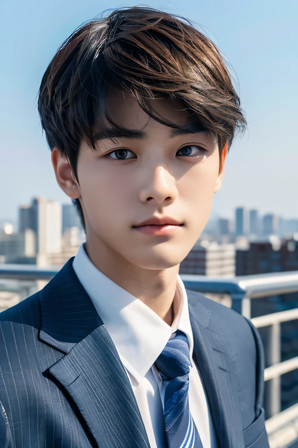 Highest quality, masterpiece, Ultra-high resolution, (Realistic: 1.4), Original photo, wallpaper, Head Photo, skin, Simple Background, Iris, detailed, Selfie, 1 boy, 18-year-old, good looking, Wind,rooftop、suit
