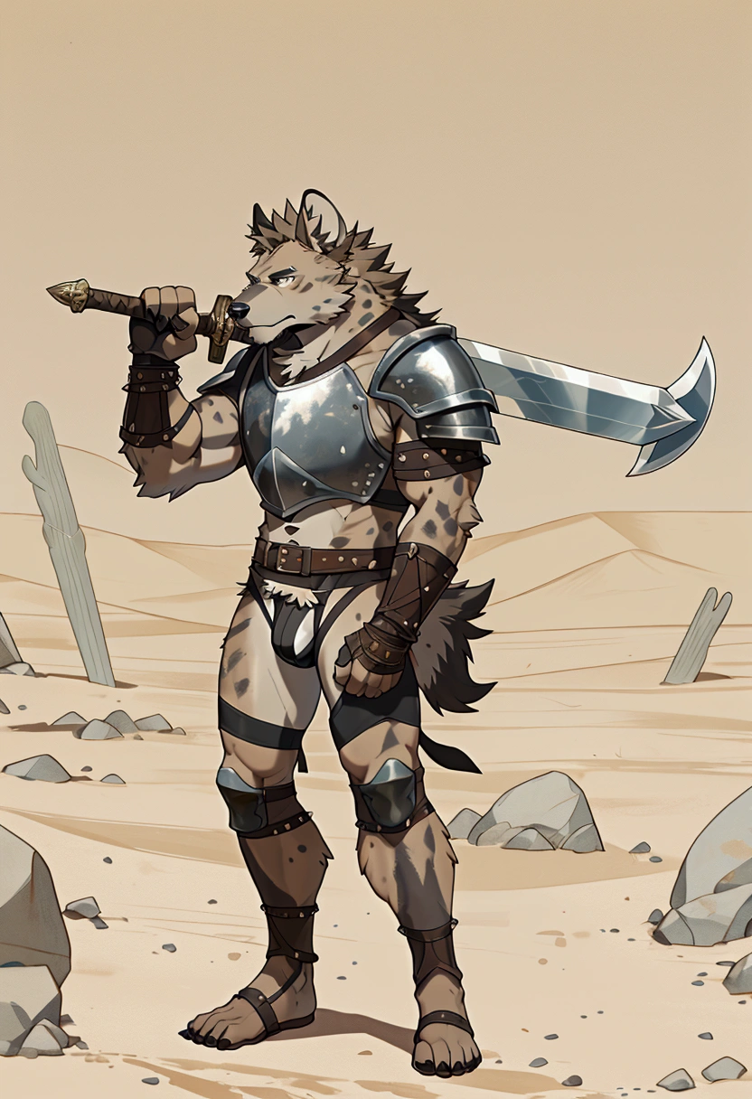 Solo Sexy young anthro furry hyena male mercenary medieval solider, slim endomorph muscular, anthro handsome gay shorter muzzle, handsome gay model male apperance, sword scars, worn out leather skimpy armament, low on hips heavy leather belt, old very worn out skimpy dirty linen material jockstrap, old yellow dirty worn out stains on white sawn jockstrap, very visible "x" brown seam pattern on the jockstrap, studded skimpy armlets breastplate armor, skimpy breastplate, leather bondages, fingerless leather gloves, smelly unwashed furr, dirty body look, desert battlefield, standing in sexy fighting position, close view of full character