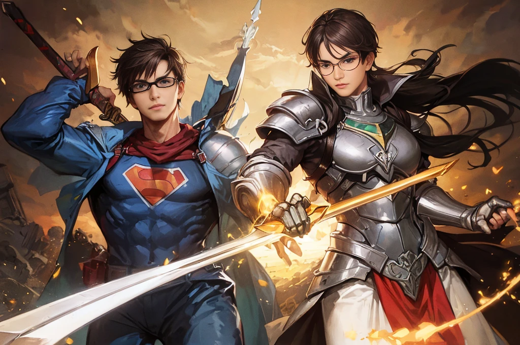 Brunette man with glasses and superhero armor with sword