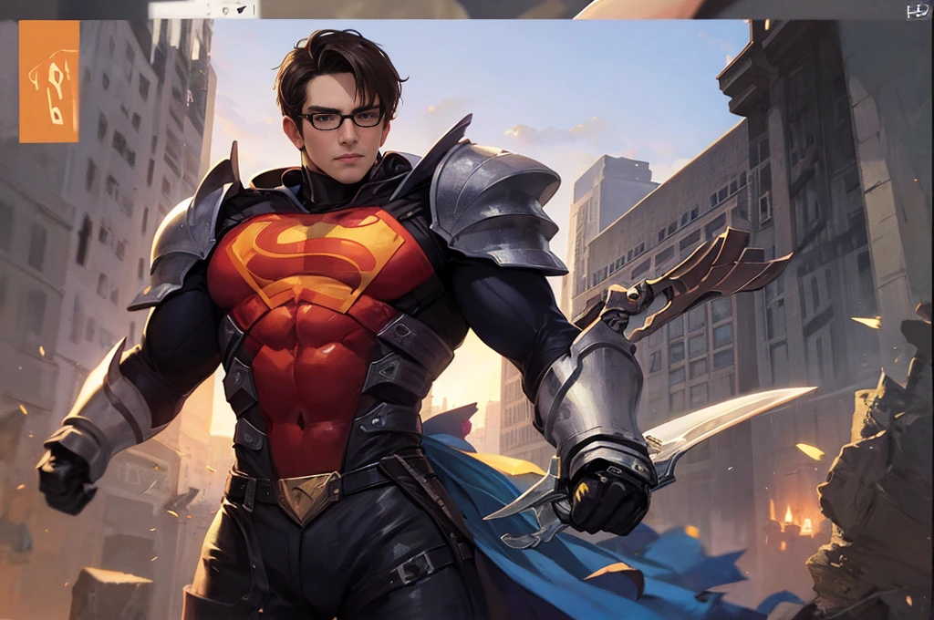 Brunette man with glasses and superhero armor with sword