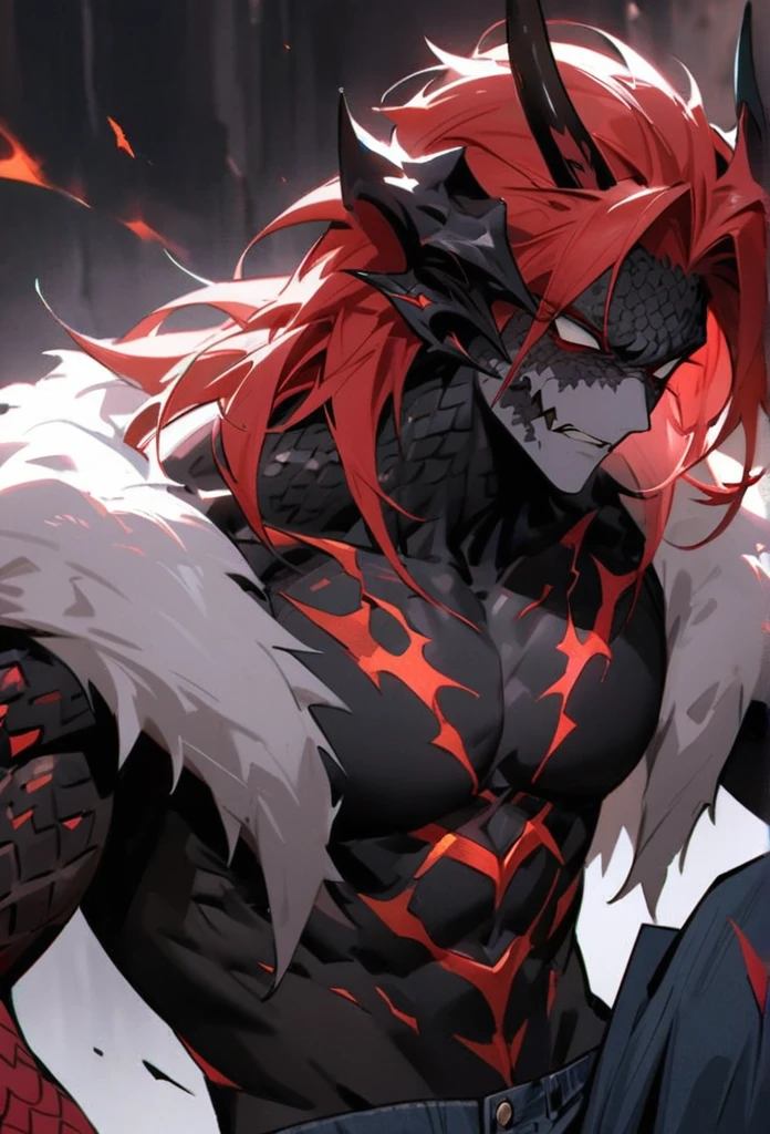 (high resolution, best qualityer, work of art), detailded, ultra detail, 1 men, physically fit, muscled body, fierce expression, Eyes red, (detailded eyes), Red hair, shorth hair, whole body, ((dragon horns)), ((Face: dragon scales)), Face covered in scales, human skin, ((tops: Fur lined coat, undergarment: tight denim)), volcanic background, part draconic, dark expression, Inhuman, reptilian skin, close up