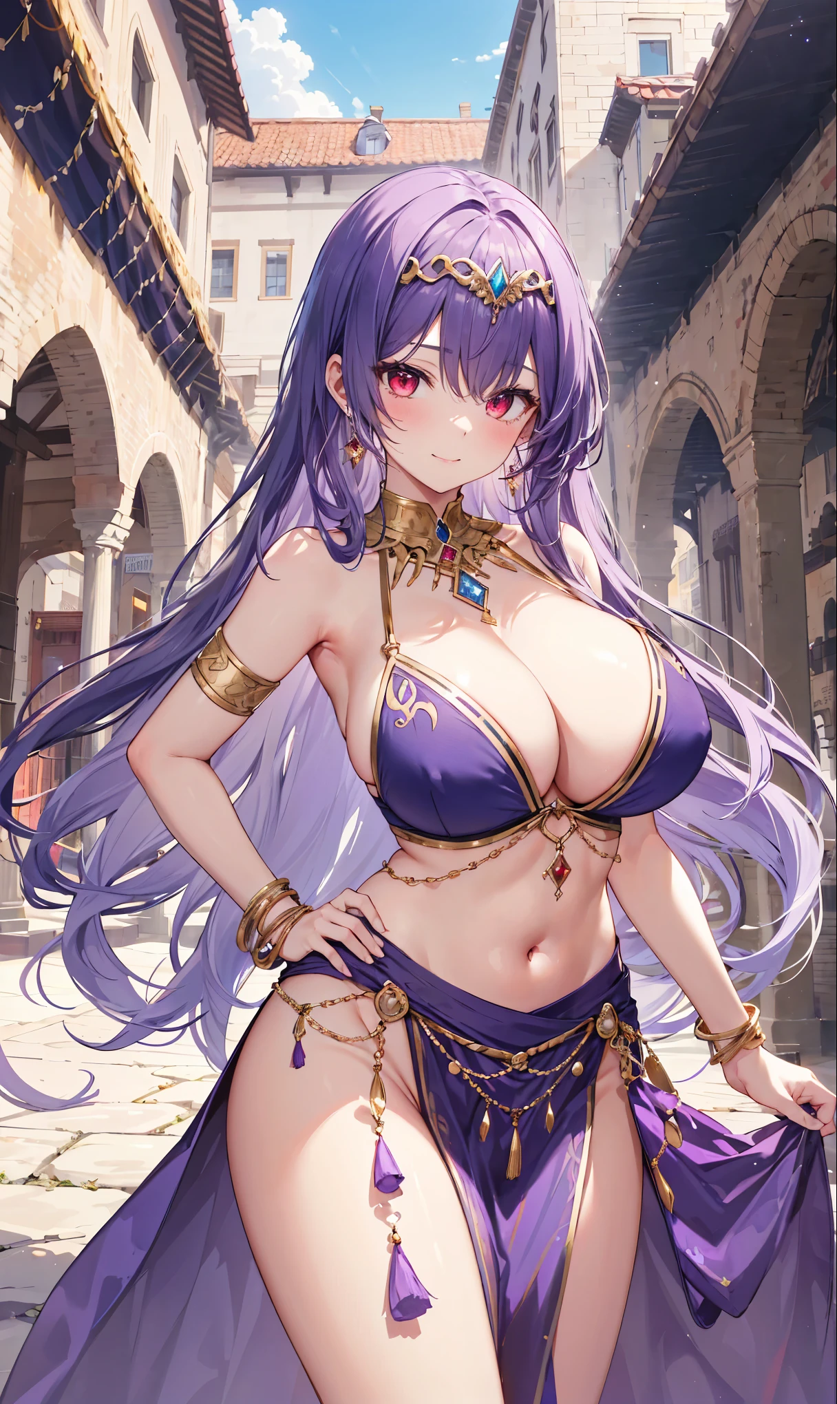 high quality, ultra detailed, best quality, insanely detailed, beautiful, masterpiece, 1girl, medieval plaza, cowboy shot, red eyes, long hair, purple hair, belly dancer, circlet, earrings, armlets, bracelets, bashful smile, large breasts, cleavage, soft stomach