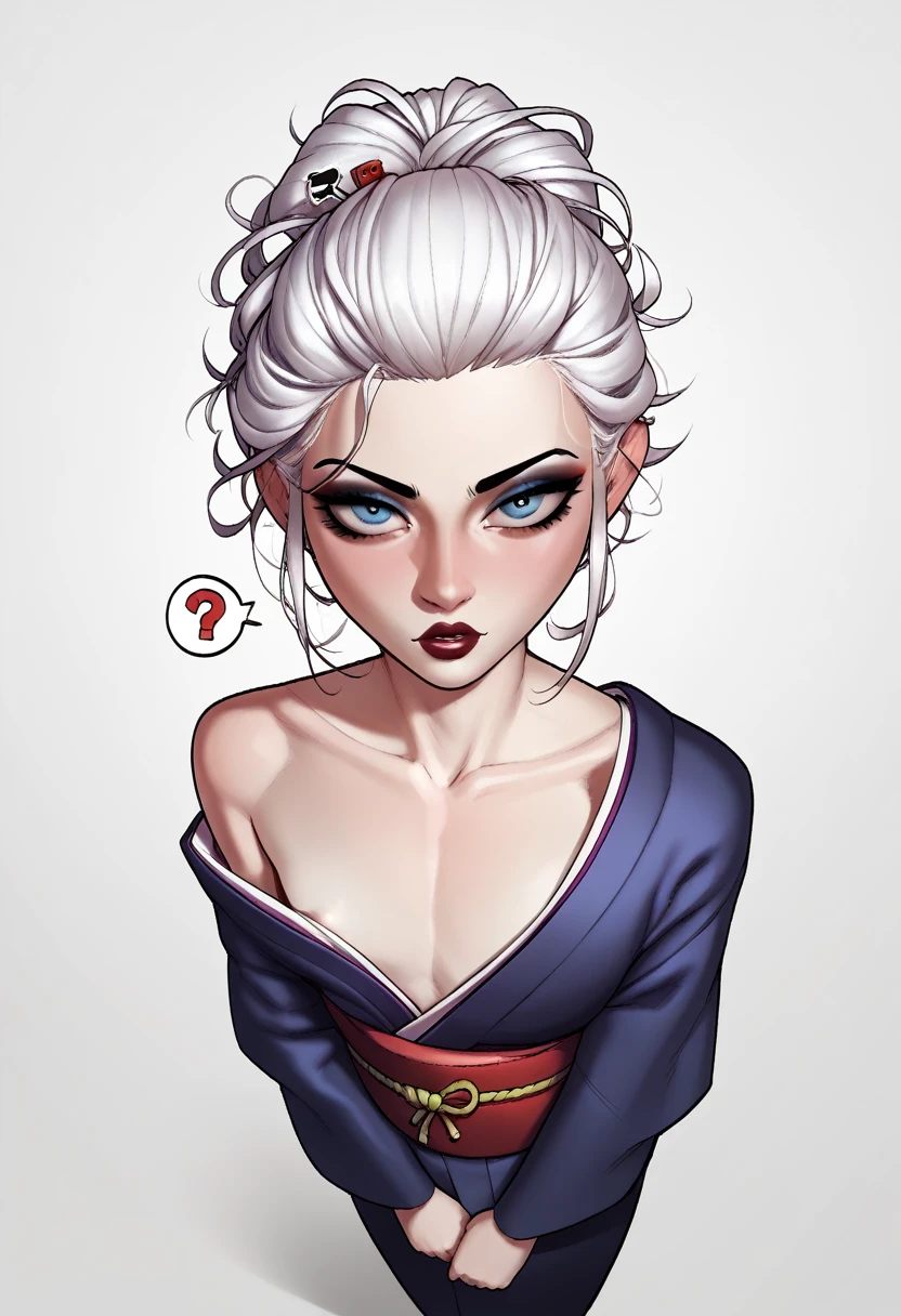 punctuation_9, punctuation_8_High above, punctuation_7_High above, punctuation_6_High above, punctuation_5_High above, punctuation_4_High above, BREAK 1 girl, ((body skinny:1)), Intricate, kimono, (eyeliner:1.2), looking ahead at viewer, hairstyle bob, White hair, jewerly, detailed back ground, breastsout (work of art, high qualiy:1),