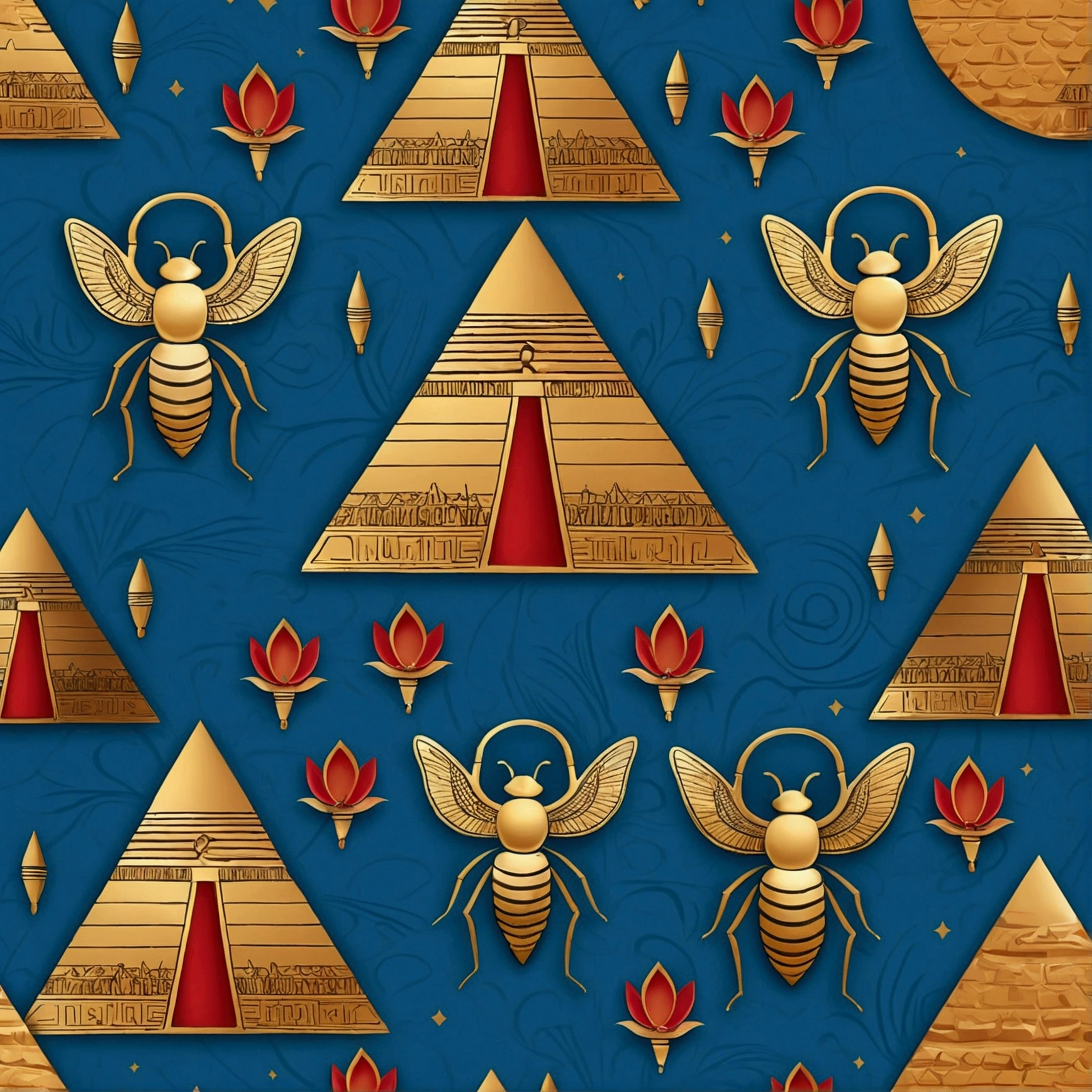 Create a background that represents Egyptian culture, with hieroglyphics and beauty symbols, like the lotus flower and the beetle. Use a vibrant color palette, incluindo azul, gold and red. Ao fundo, include silhouettes of pyramids and temples, with a mystical atmosphere that evokes the spirituality of Ancient Egypt