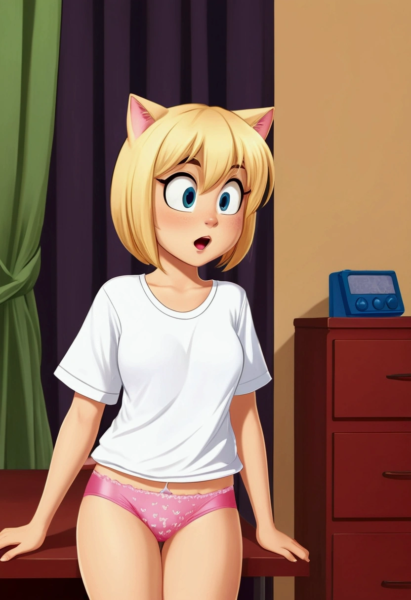 blonde cat girl cartoon touching herself in plain white shirt with pink panties