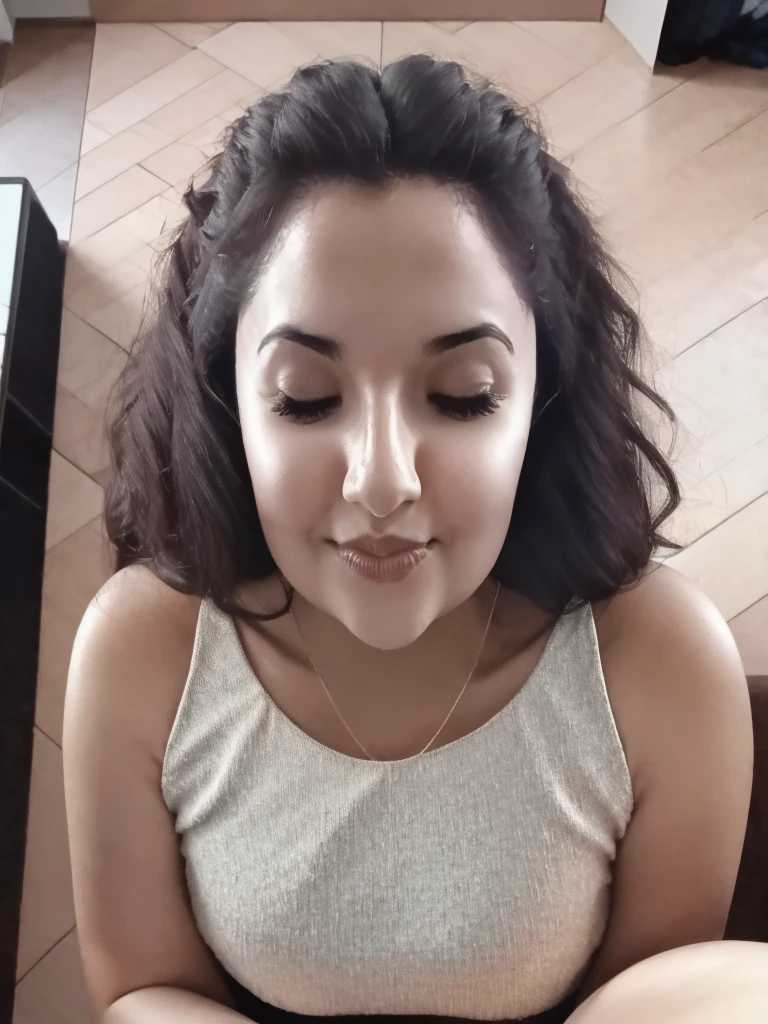 (From a birds-eye, above perspective), 1girl, high quality, high resolution, 4k, thin, 25 year old, solo, June, JuReis, wearing cute top, eyes looking up, lips, mouth closed, realistic, nose, flirting with camera, kneeling in a fitting room, looking seductively at viewer