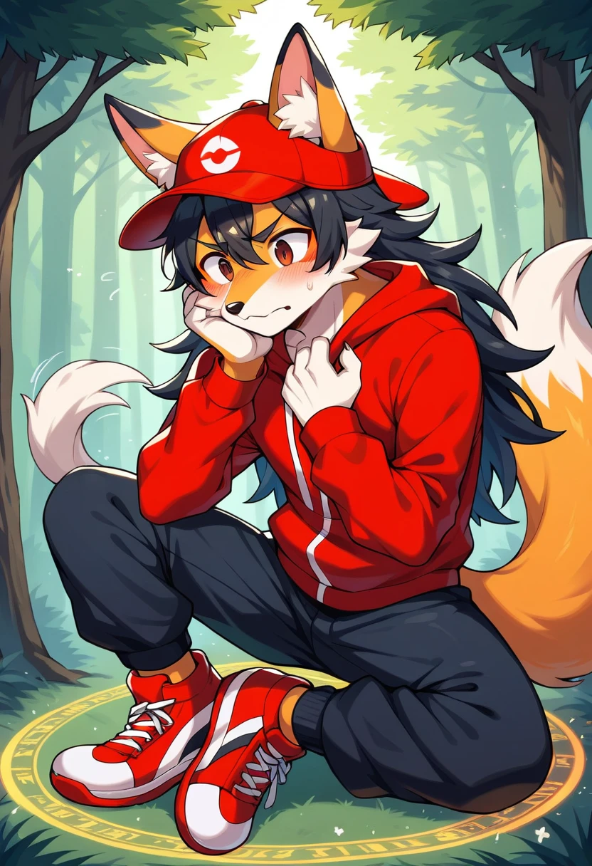 masterpiece, best quality, expressive eyes, perfect face, a man get transformed into a furry french poddle, furry fox, fox tail, fox ears, solo, surpriced, blushed, black hair, long hair, red baseball cap, black shirt, red hoodie, black sports pants, red sport shoes, brown eyes, full body, in a magic forest, glitter, embarrassed pose, magic circle on the floor.