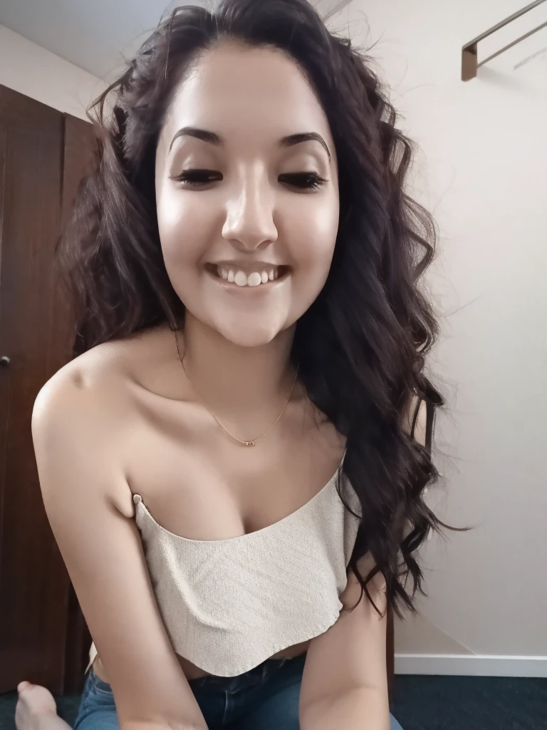 (From a birds-eye, above perspective), 1girl, high quality, high resolution, 4k, thin, 25 year old, solo, June, JuReis, wearing cute top, eyes looking up, lips, mouth closed, realistic, nose, flirting with camera, kneeling in a fitting room, looking seductively at viewer
