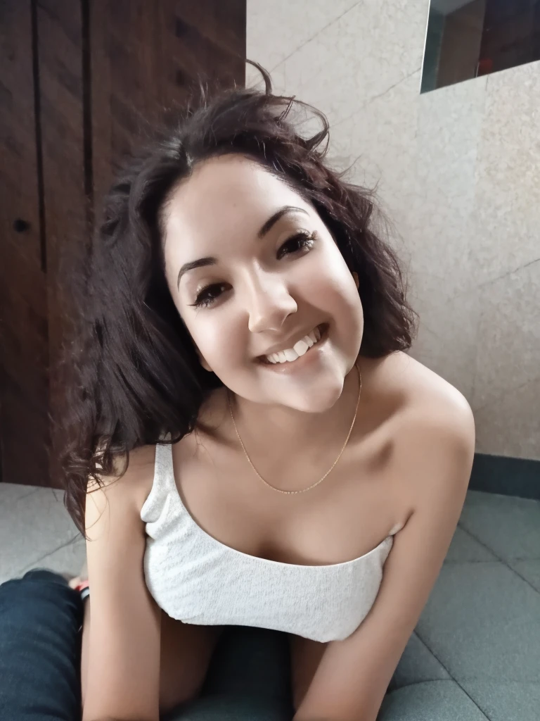 (20 y,o teen), (A hyper-realistic), (high-level image quality), ((bathroom)), ((wet curly hair)), (small nipples), (small breast),(happy), (nude), full body, wet, after bathing, touch breast, happy, sitting onto cock man