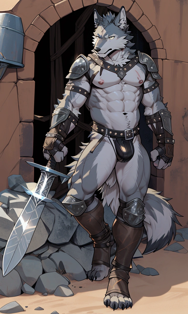 Solo Sexy young anthro furry wolf male mercenary medieval solider, slim endomorph muscular, anthro handsome gay shorter muzzle, handsome gay model male apperance, sword scars, worn out leather skimpy armament, low on hips heavy leather belt, old very worn out skimpy dirty linen material jockstrap, old yellow dirty worn out stains on white sawn jockstrap, very visible "x" brown seam pattern on the jockstrap, studded skimpy armlets breastplate armor, skimpy breastplate, leather bondages, fingerless leather gloves, smelly unwashed furr, dirty body look, desert battlefield, standing in sexy fighting position, close view of full character