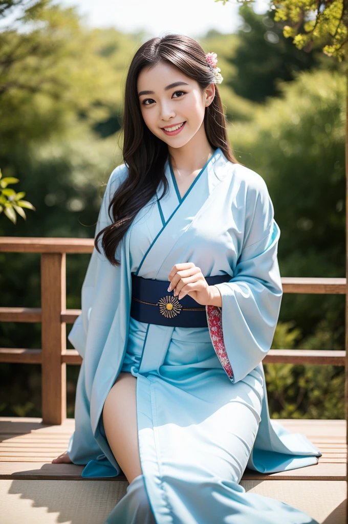 Pure Japanese kimono girl, wearing traditional kimono, natural makeup, thick eyebrows, traditional black hair styles, sweet smile, sitting, sexual attractive, refreshing in summer morning, professional portrait photography, 