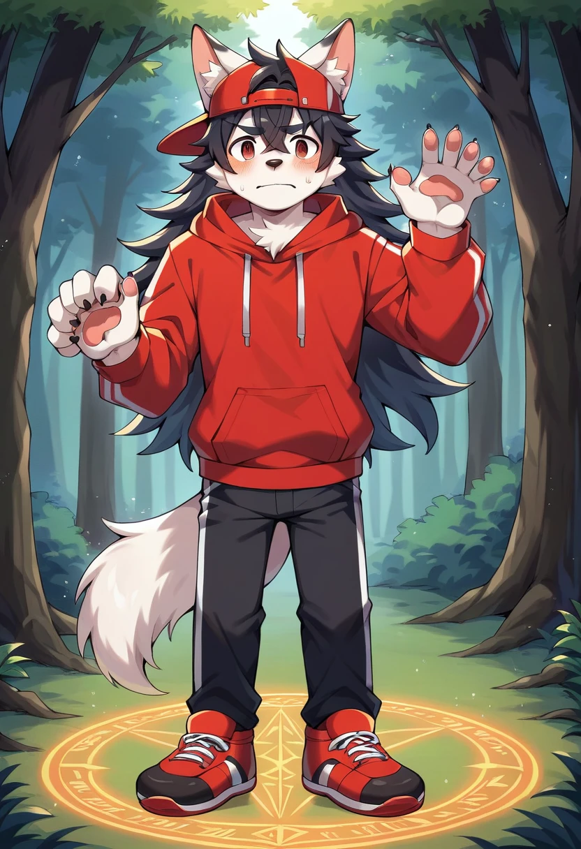 masterpiece, best quality, expressive eyes, perfect face, a man get transformed into a furry akita dog, furry akita, white fur, big akita tail, dog ears, solo, surpriced, blushed, black hair, long hair, red baseball cap, black shirt, red hoodie, black sports pants, red sport shoes, brown eyes, full body, in a magic forest, glitter, embarrassed pose, magic circle on the floor.
