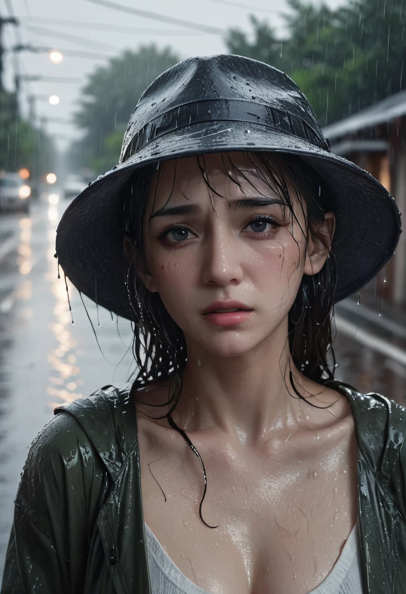 ( Highest quality,4K,8k,High resolution,masterpiece:1.2),Very detailed,(Realistic,photoRealistic,photo-Realistic:1.37),Rainy landscape,stress,Outdoor,Gloomy atmosphere,Realistic droplets on the face,Soaked clothes,Dark colors,despair,Devastation,Lonely,Lost in Thought,Emotional,Wet roads,Apply mascara to your face,Tears ran down my cheeks.,Rain-soaked hat,Water dripping from hair,Shrug,Visible sadness,Pouring rain,thunderstorm,Severe Weather,Tragic,Deep sorrow,heartache,negative emotion,despairing expression,Cold and wet,pale,Heavy rain,Wet road surface,Tears fall rapidly,Lonely,Devastation.