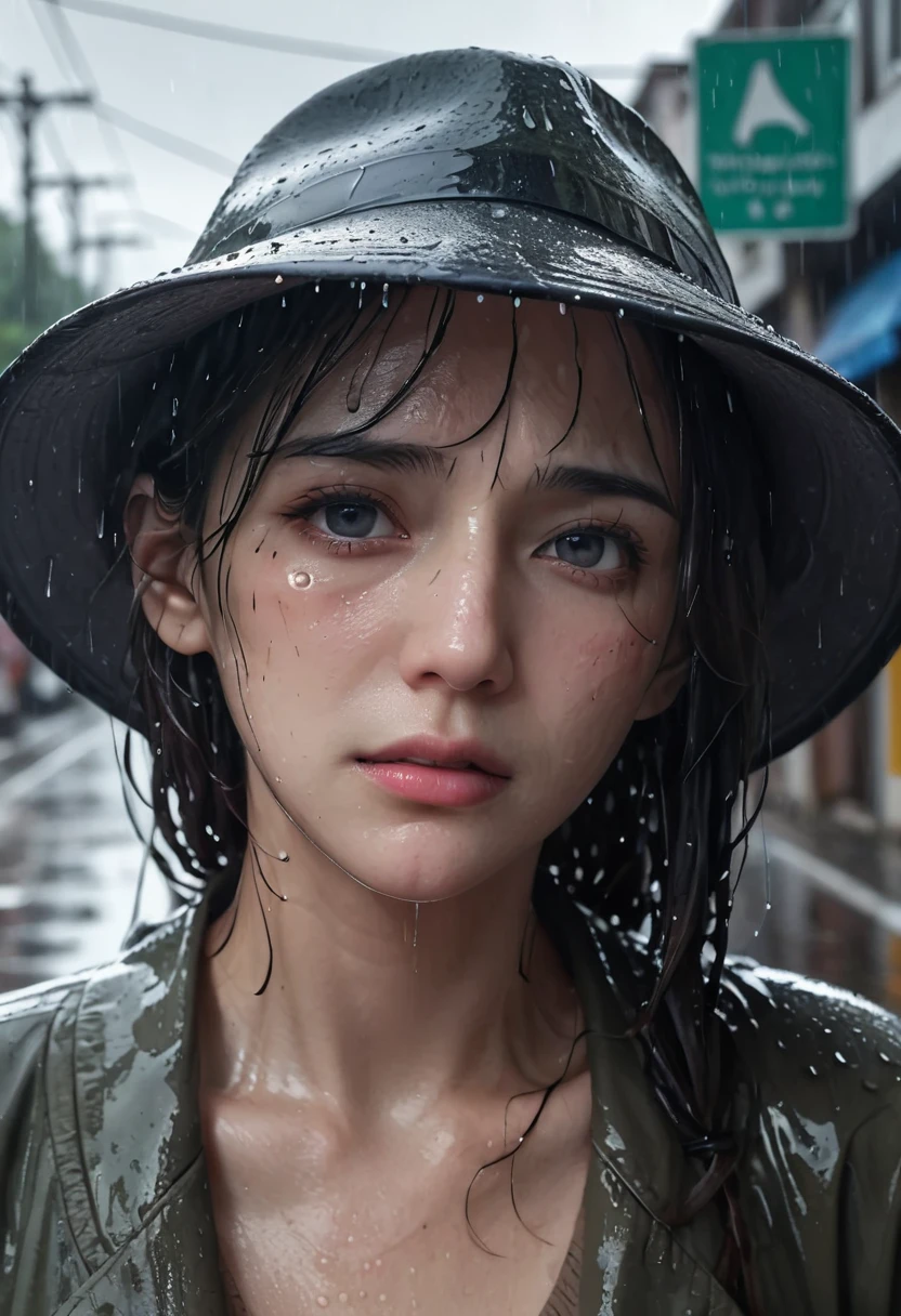 ( Highest quality,4K,8k,High resolution,masterpiece:1.2),Very detailed,(Realistic,photoRealistic,photo-Realistic:1.37),Rainy landscape,stress,Outdoor,Gloomy atmosphere,Realistic droplets on the face,Soaked clothes,Dark colors,despair,Devastation,Lonely,Lost in Thought,Emotional,Wet roads,Apply mascara to your face,Tears ran down my cheeks.,Rain-soaked hat,Water dripping from hair,Shrug,Visible sadness,Pouring rain,thunderstorm,Severe Weather,Tragic,Deep sorrow,heartache,negative emotion,despairing expression,Cold and wet,pale,Heavy rain,Wet road surface,Tears fall rapidly,Lonely,Devastation.