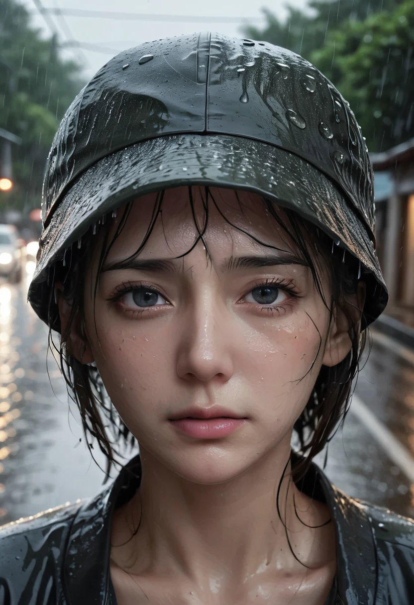 ( Highest quality,4K,8k,High resolution,masterpiece:1.2),Very detailed,(Realistic,photoRealistic,photo-Realistic:1.37),Night rainy landscape,stress,Outdoor,Gloomy atmosphere,Realistic droplets on the face,Soaked clothes,Dark colors,despair,Devastation,Lonely,Lost in Thought,Emotional,Wet road,Apply mascara to your face,Tears ran down my cheeks.,Rain-soaked hat,Water dripping from hair,Shrug,Visible sadness,Pouring rain,thunderstorm,Severe Weather,Tragic,Deep sorrow,heartache,negative emotion,despairing expression,Cold and wet,pale,Heavy rain,Tears fall rapidly,Lonely,Devastation.